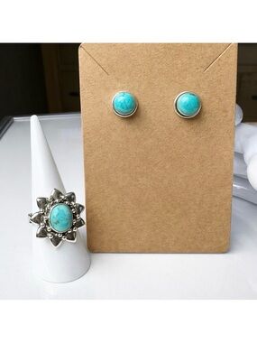 NEW Sterling Silver Turquoise Ring Size 8 Adjustable & Stud Earrings Set .925